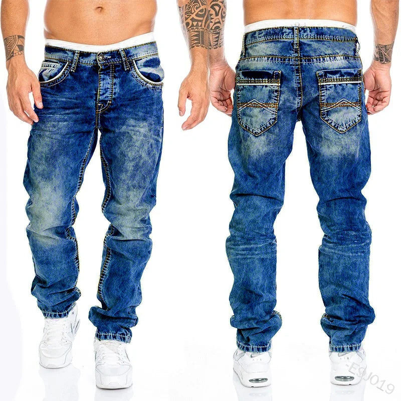 Vintage Wash Wash Straight Hip Hop Jeans Men Streetwear Casual Denim Cargo Pants Spring and Autumn Zipper Print Stretch Jeans