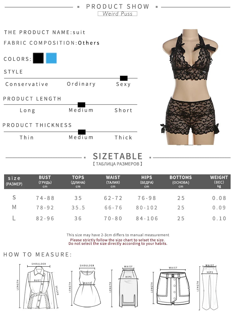 Weird Puss Mesh Sexy Bow 2 Piece Set Summer Women Halter Backless Lace Tank Tops+Shorts Matching Clubwear Coquette Hipster Suits