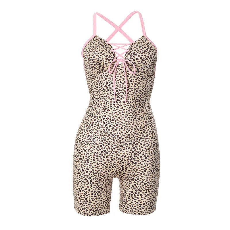HLJ&GG Summer New Leopard Print Bow Bodycon One Piece Rompers Women Hollow Out Halter Backless Slim Jumpsuits Fashion Streetwear
