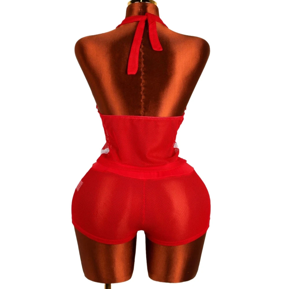 HLJ&GG Red Fashion Mesh Letter Print Two Piece Sets Women Halter Slim Crop Top+Drawstring Shorts Outfits Y2K Summer Streetwear