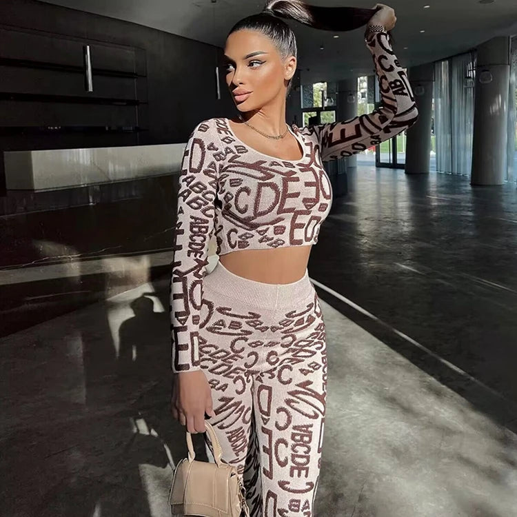 STYLISH LADY Letter Printed Sporty 2 Piece Set Women Long Sleeve Crop Top and Skinny Pant Suits 2025 Summer Sexy Street Outfits