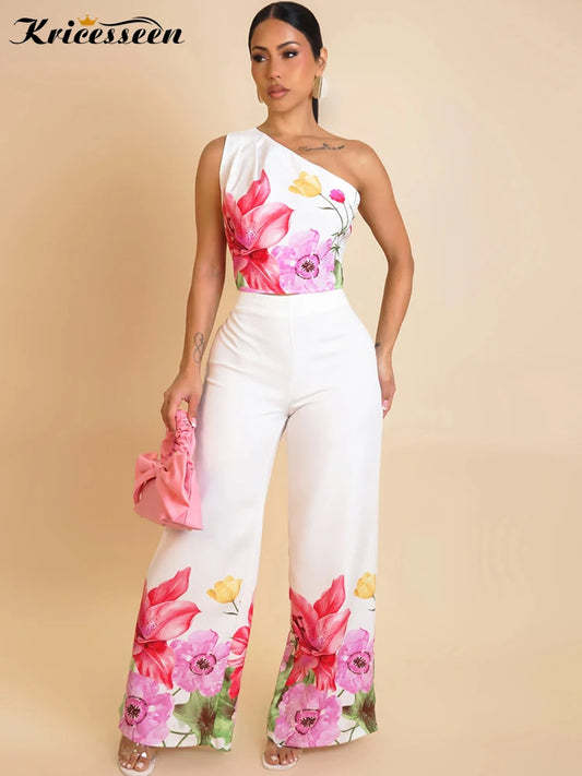 Kricesseen Women's Floral Jumpsuits 2 Piece Outfits Elegant Flower Print Crop Top And Wide Legs Pant Set Clubwear Overalls