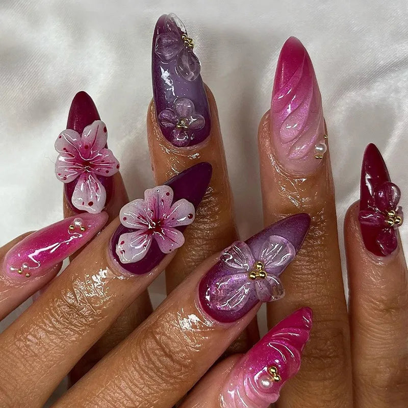 24pcs Short Almond French Press on Nails Ins Flower Design Fake Nail Tips Wearable Full Cover Sweet Korean Cute Fake Nail Patch