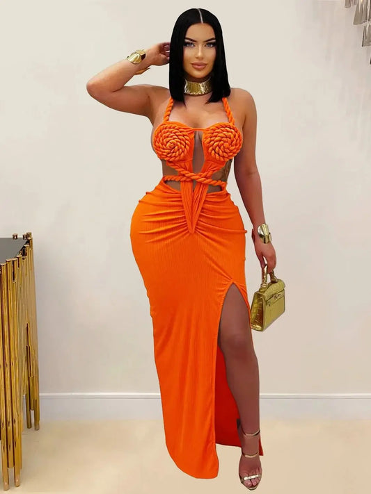 Weird Puss Sexy Plait Dress Women Summer Peach Buttocks Backless Sleeveless Split Hollow Midnight Party Clubwear Maxi Bodycon