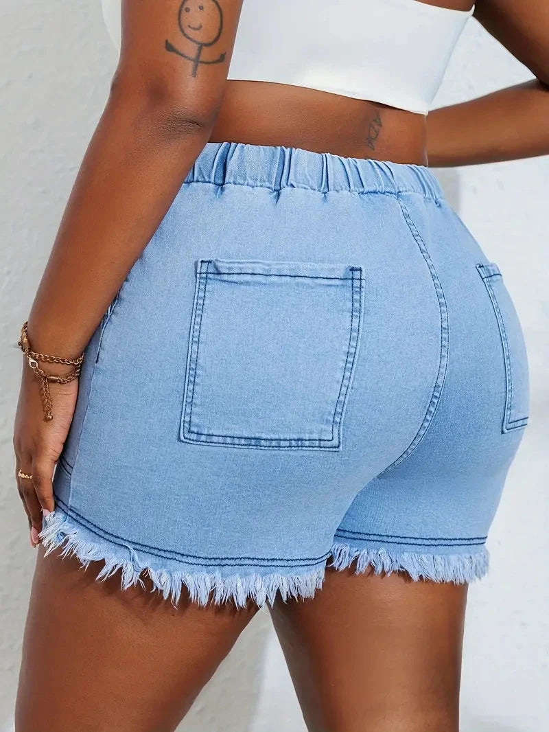 Ladies Plus Size jeans Shorts with High Stretch Elastic Waistband and Tassel Style, Fashionable and Versatile Jeans