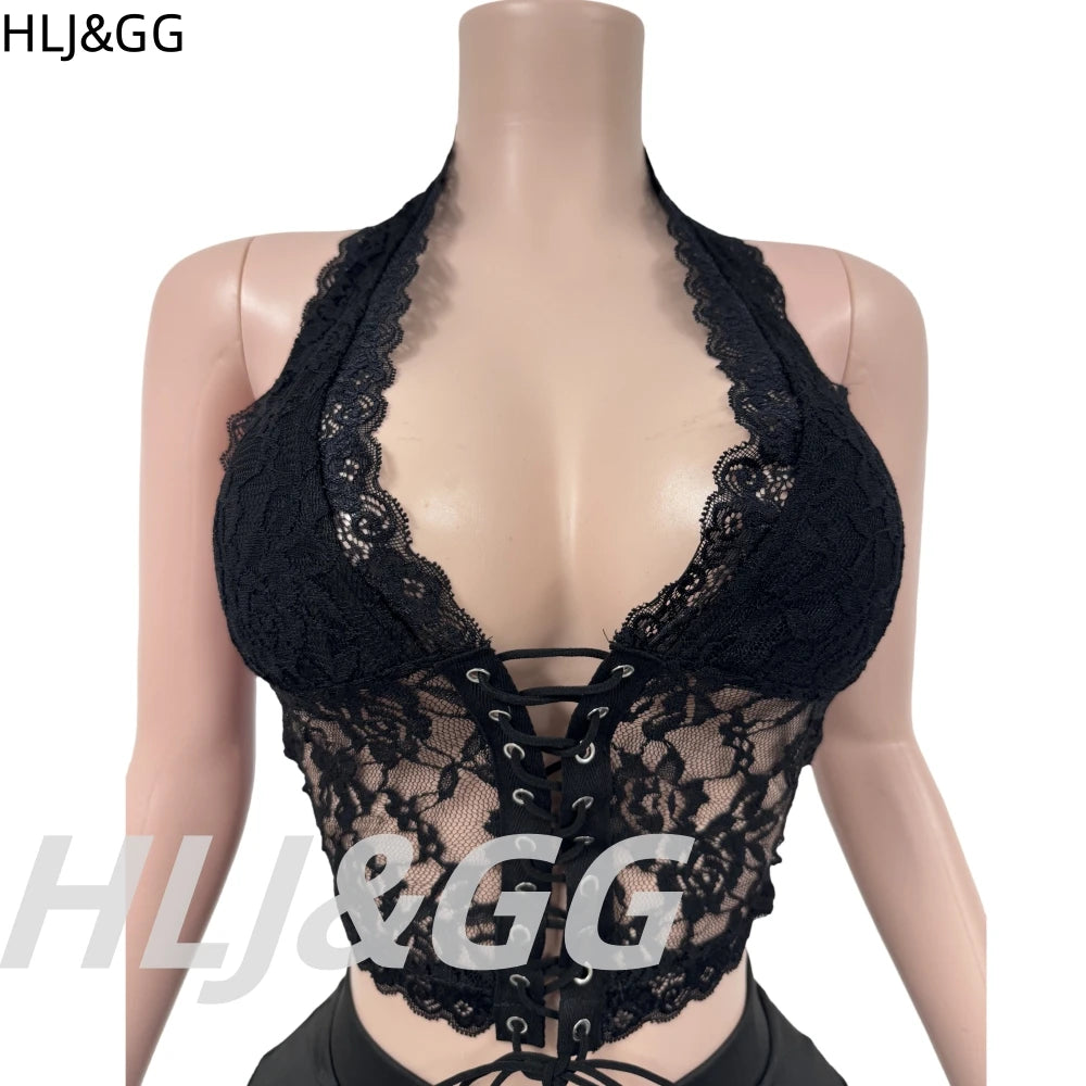 HLJ&GG Sexy Lace Hollow See Though Two Piece Sets Women V Neck Spaghetti Strap Slim Crop Top + Shorts Outfits Fashion Streetwear
