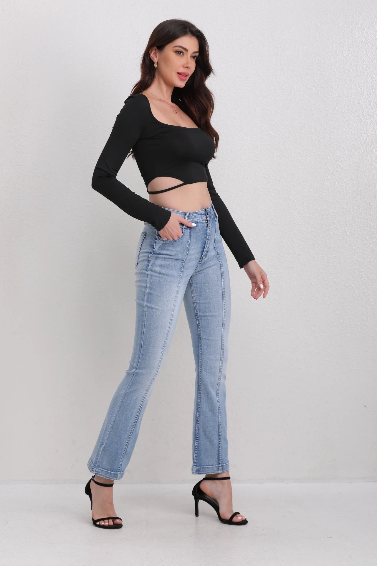 Women's High Waisted Light Blue Jeans with Panel Detail Flared Leg Fashionable Daily Wear Wide-leg jeans Stretch Straight Pants