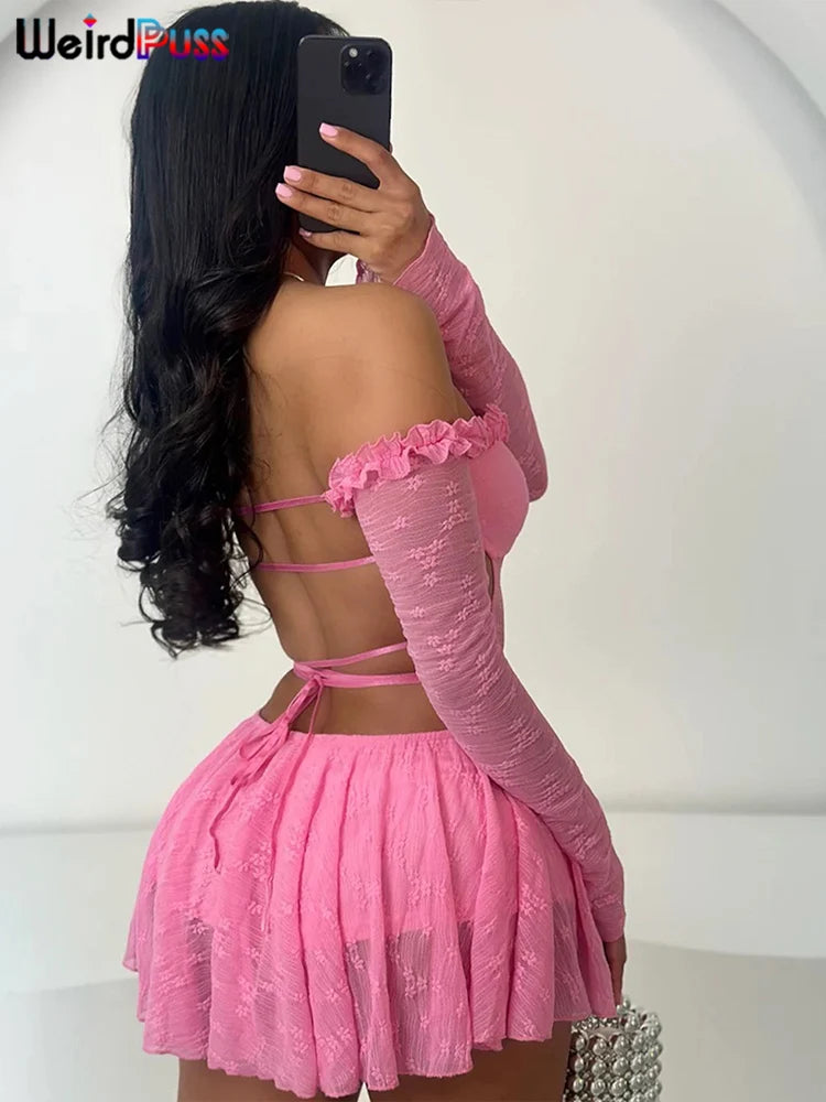 Weird Puss Slash Neck Backless Dress Sexy Fall Trend Women Thin Bandage Hollow Lace Birthday Party Stretch Jacquard Mini Bodycon