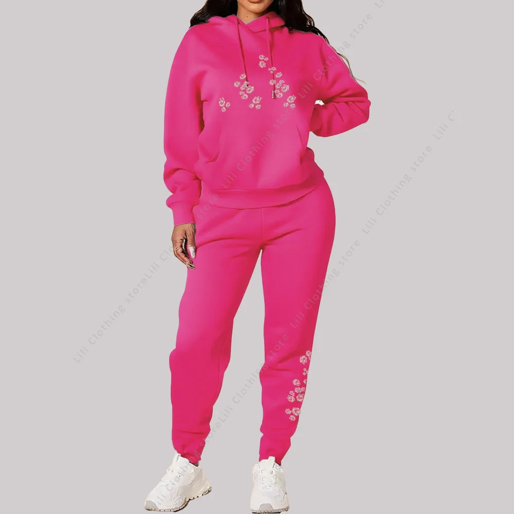Women's Pants Sets Hoodies Sweatpants Two Piece Outfits Sweatsuit Aesthetic Sportswear Rose Graphic Print Woman Suit Plus Size