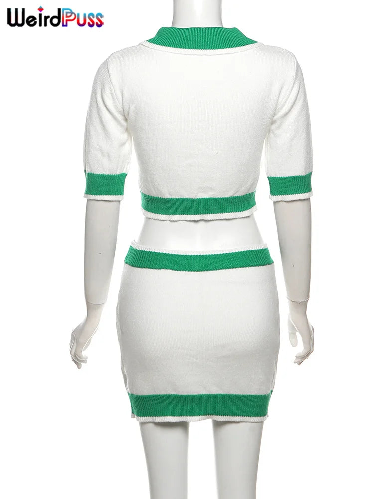 Weird Puss Knit Women 2 Piece Set 2024 Summer Trend Casual Polo Neck Short Sleeve Crop Tops+Skirts Matching Streetwear Outfits