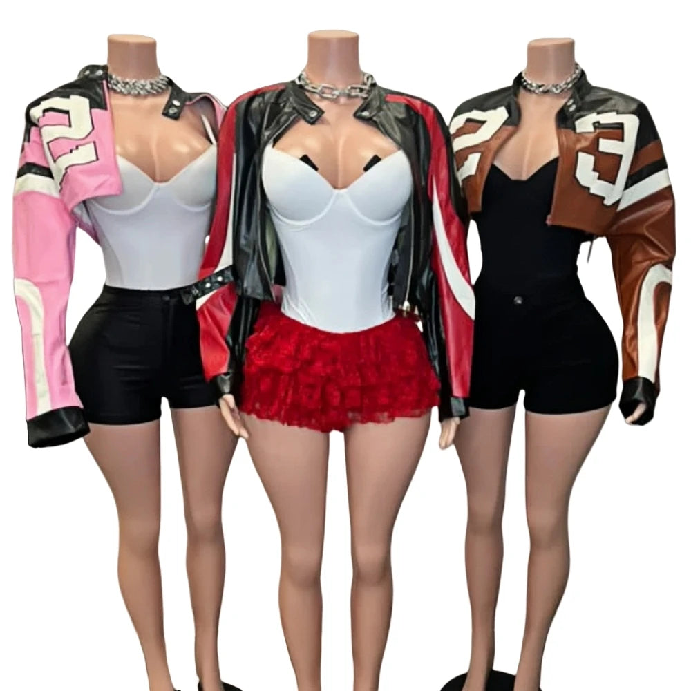 HLJ&GG Fashion Y2K Leather Jacket 3 Piece Sets Women Letter Print Zipper Long Sleeve Crop Top+Bodysuits+Shorts Outfit Streetwear