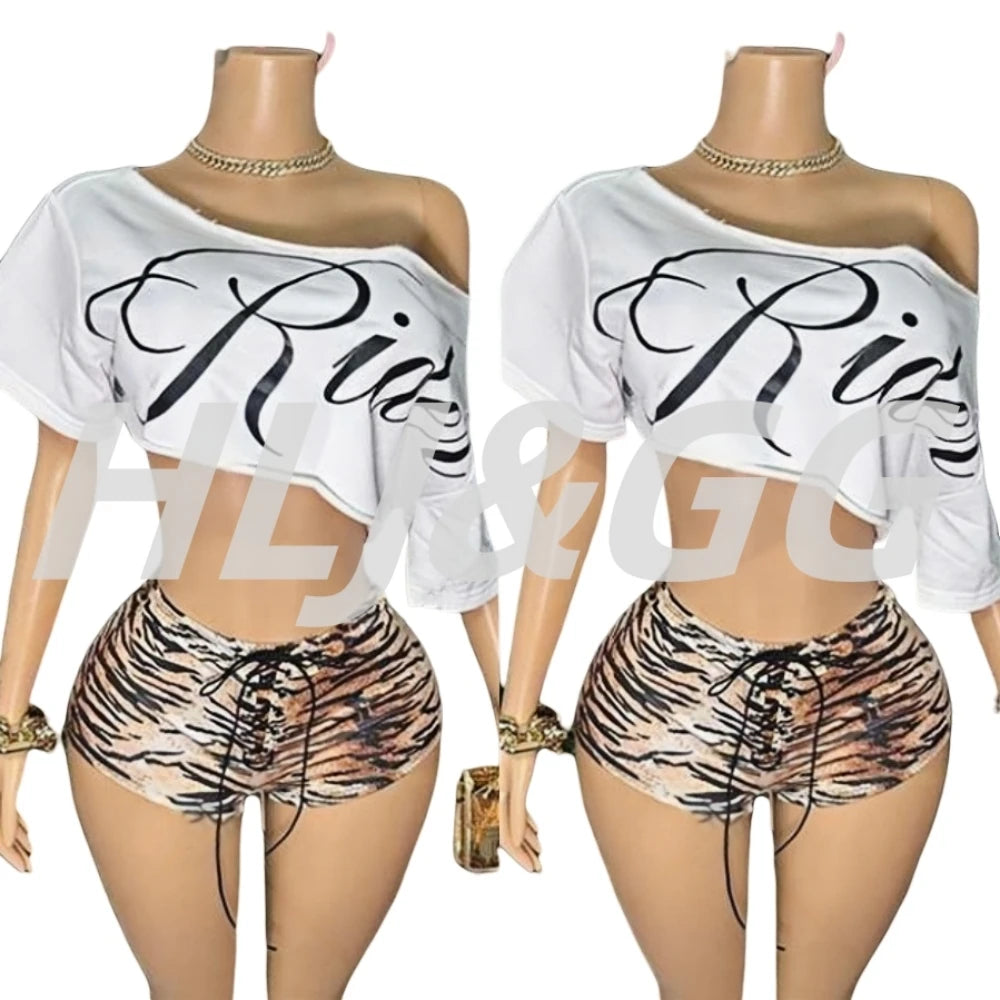 HLJ&GG Y2K Fashion Letter One Shoulder Crop Top Two Piece Sets Women Loose Tshirts And Tiger Shorts Outfits Summer Streetwear