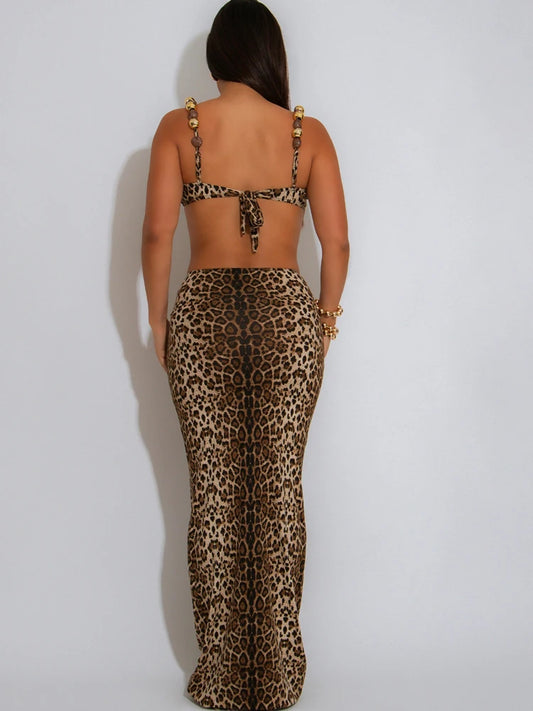 Kricesseen Glamour Beaded Leopard Print Skirt Set Brown Holiday Outfits Stylish Animal Print Two-Piece Dress Night Out Vestidos