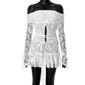 STYLISH LADY Off the Shoulder White Lace Dress 2025 Spring Women Long Sleeve Slash Neck Cut Out Bodycon Ruffle Mini Dresses
