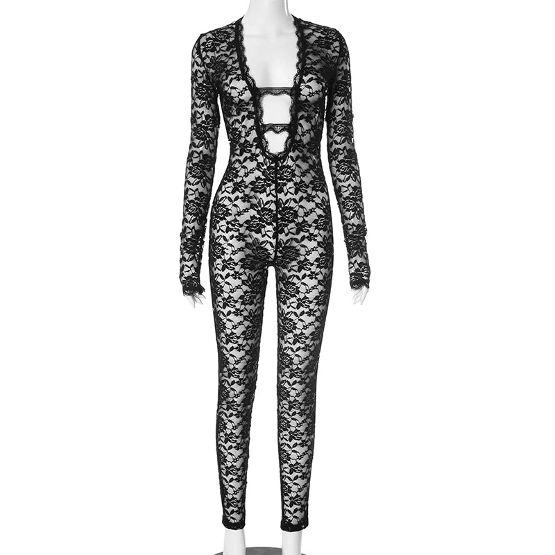 Weird Puss Sexy Jacquard Jumpsuit Women Sexy Mesh Patchwork Low-Neck Hollow Full Sleeve Skinny Midnight Party Clubwear Overalls