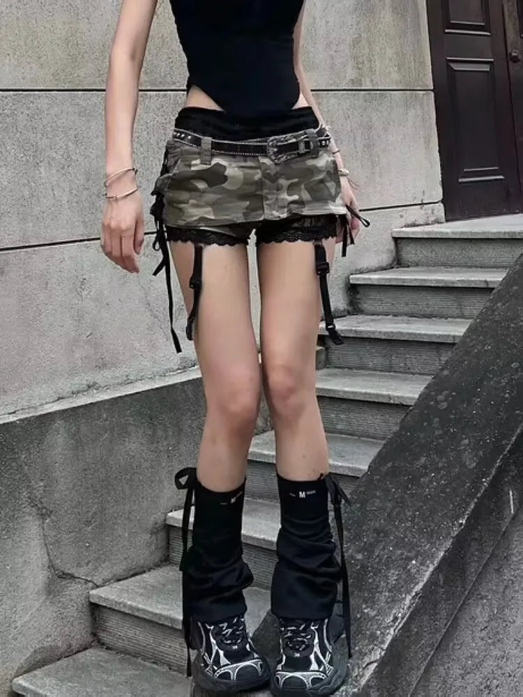 Summer Gothic Vintage Lace Up Slim Camouflage Lolita Shorts Skirts Women Kawaii Aesthetic Y2k A-line Package Hip Short Skirt