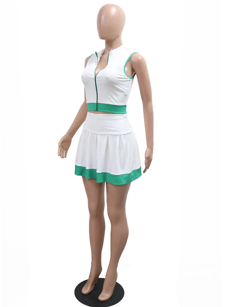 Kricesseen Women's Patchwork Zippers Crop Top And Ruched Skirt Set Two-Piece Sporty Tracksuits Set Night Club Outfits
