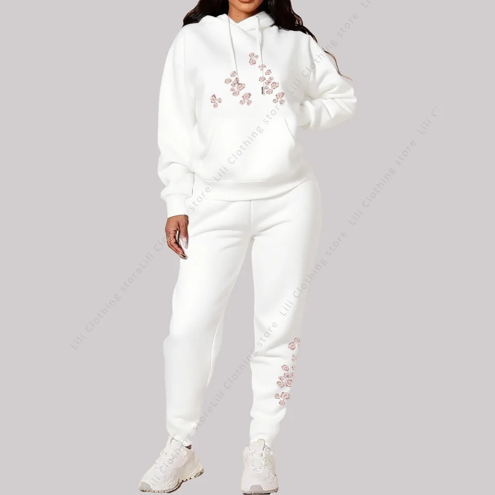 Women's Pants Sets Hoodies Sweatpants Two Piece Outfits Sweatsuit Aesthetic Sportswear Rose Graphic Print Woman Suit Plus Size