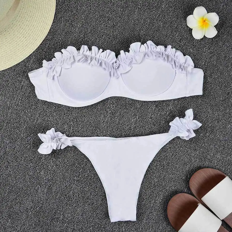 Solid Bikini Set Women Swimsuit Chic Ruffles Micro Bikini Split Bathing Suit Summer 2025 New Beach Spice Girl Swimwear