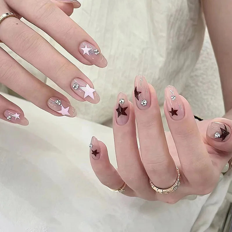 y2k Nails 24pcs Fake Nails Black Pink Color French Press Nail Tips with Five-pointed Star Pattern Artificial Nail Tips for Girls