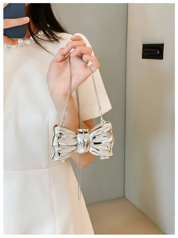 New Mini Evening Bag Metal Purse Crossbody Handbag for Girls Kid Women Bowknot Chain Shoulder Bag for Party Wedding