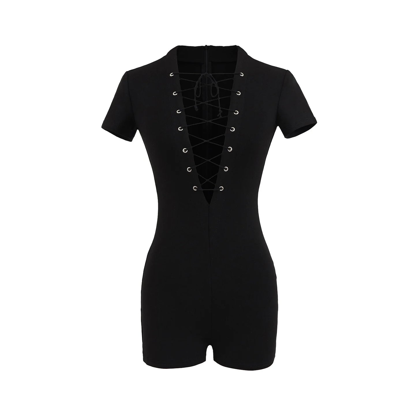 HLJ&GG Sexy Hollow Out Bandage Bodycon One Piece Rompers Women V Neck Short Sleeve Slim Jumpsuits Fashion Overalls Streetwear