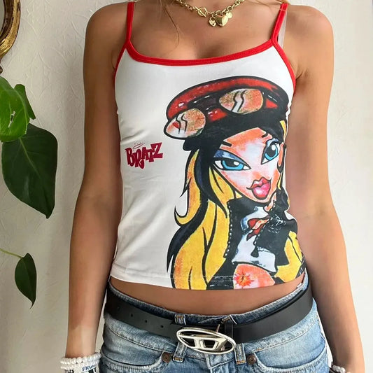 Y2K Clothes Cartoon print Slim Short Top Sexy Goth Vintage Street White Baby Tee Grunge Slim Crop Top Summer emo