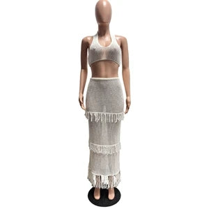 STYLISH LADY Tassel Crochet 2 Piece Set Women Halter Backless Crop Top and Maxi Skirts Suits 2025 Summer Sexy Beach Outfits