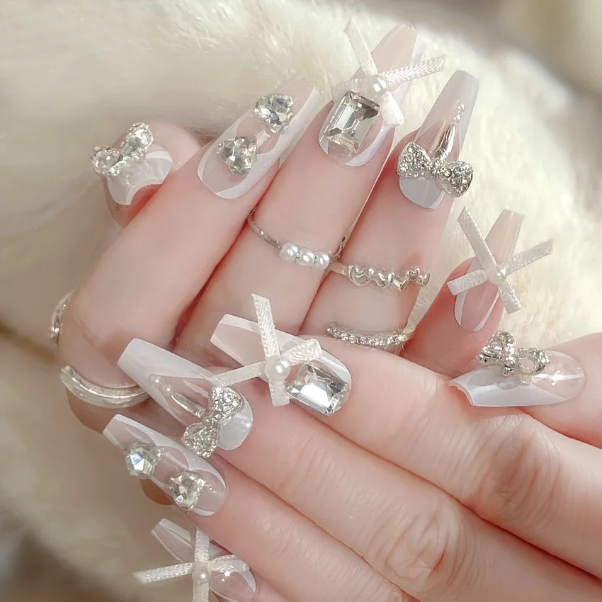 24pcs Heavy Metal Red Crystal Design False Nails 3D Gold Bow Pearl Decor Bride Fake Nail tips Full Cover Diamond Press on nails
