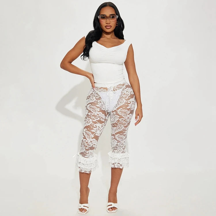 STYLISH LADY Lace Knee Length Pants 2025 Summer Women Midi Waist Hollow Out Sexy Club Party Street See Through Leggings Pants