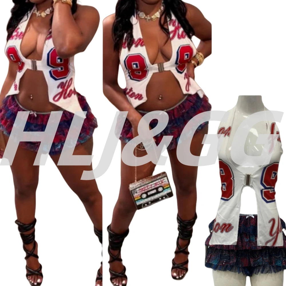 HLJ&GG American Vintage Women Streetwear Y2K Halter Hollow Letter Print Irregular Top And Ruffle Skirts Two Piece Sets Outfits