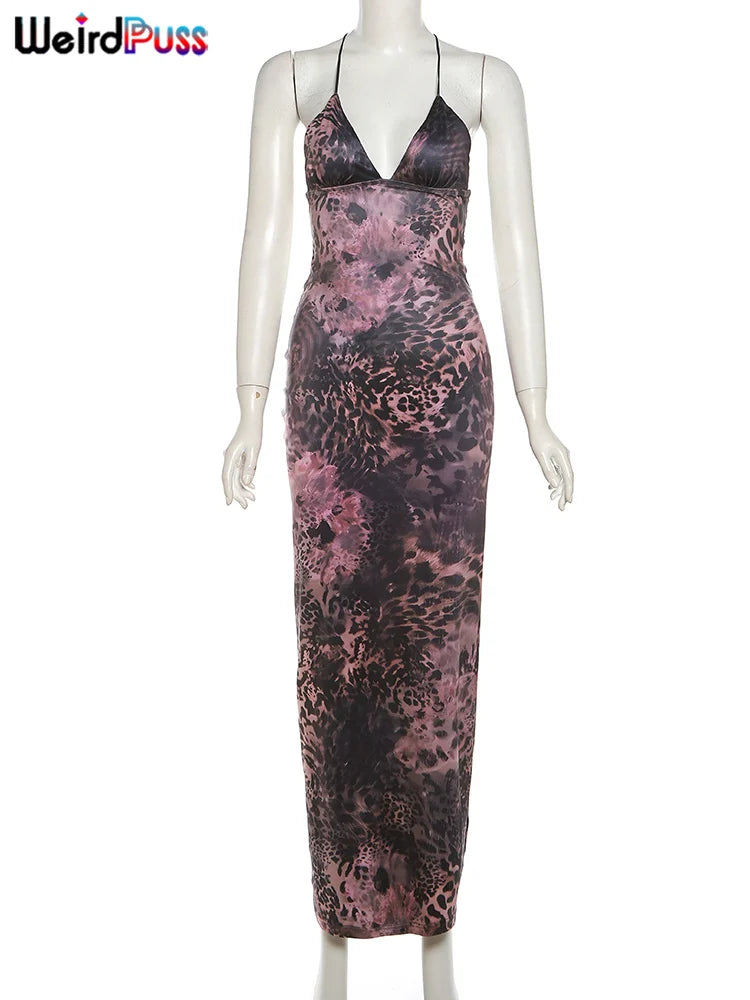 Weird Puss Chic Butterfly Women Maxi Dress Print Backless Spaghetti Straps V Neck Halter Bodycon Hot Girls Club Party Vestidos