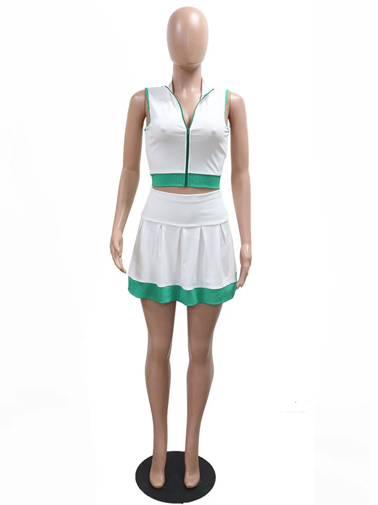 Kricesseen Women's Patchwork Zippers Crop Top And Ruched Skirt Set Two-Piece Sporty Tracksuits Set Night Club Outfits