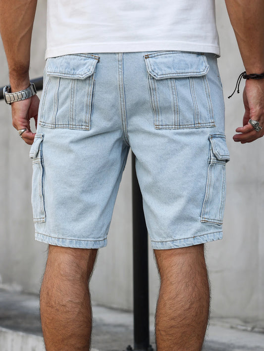 summer light blue regular denim shorts. In a utility style. With a multi-pocket design. Casual street style. Men's jeans