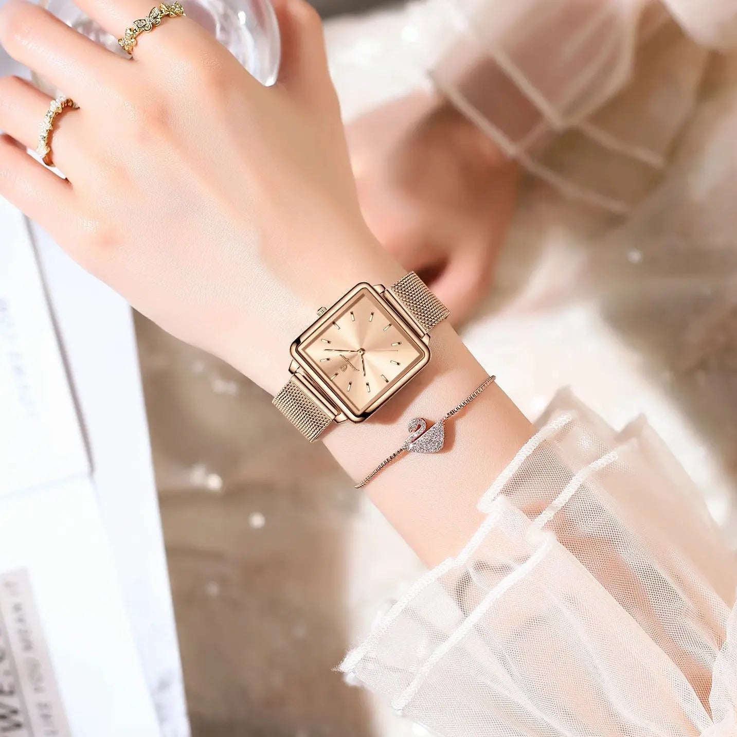 POEDAGAR Fashion Ladies Watch Waterproof Square Elegant Watch, Mesh Stainless Steel Quartz, lady's Watches, Reloj