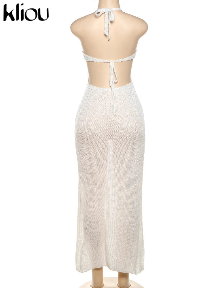 kliou Crochet Halter Dress Women See Through Bandage Sleeveless Backless Sheath Low Neck Vestidos Concise Solid Girls Streetwear