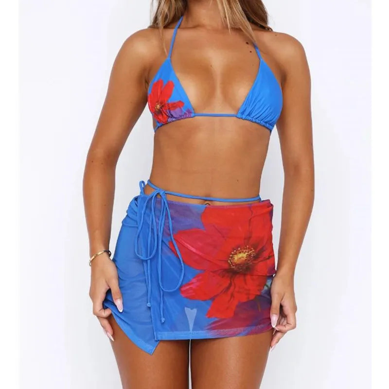 Women Bikini Swimsuit Skirt 2pcs Set Sexy Bathing Suits Ladies Flower Print Halter Tops and Mini Skirt 2Pcs Swimwear Beachwear