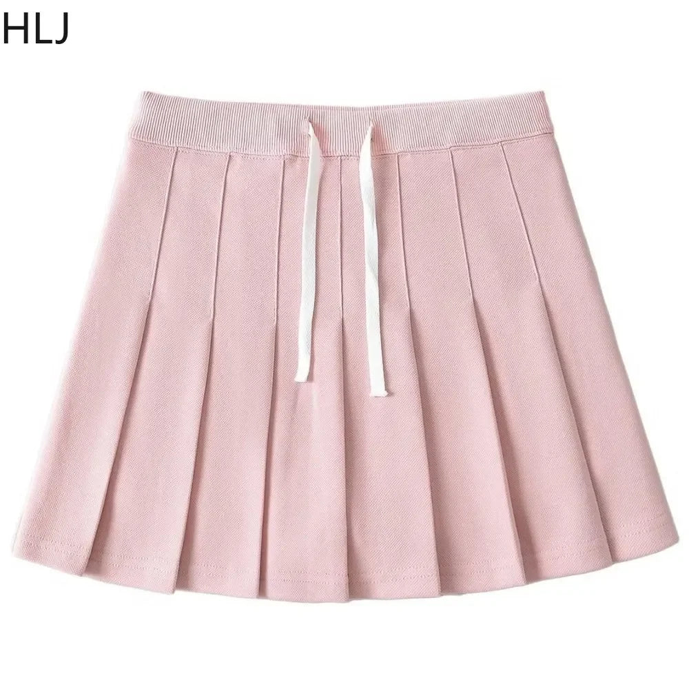 HLJ&GG Pink A-line Pleated Skirts Fashion Two Piece Sets Women Letter V Neck Short Sleeve Loose Tshirt And Mini Skirts Outfits