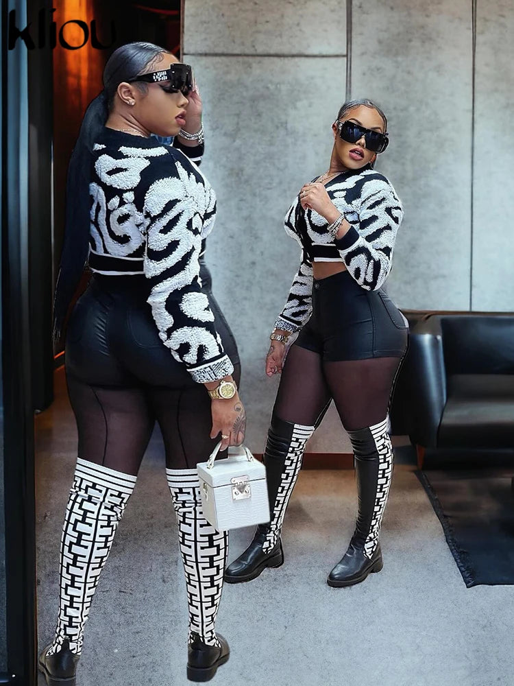 Kliou Knit Coats ladies Autumn New Full Sleeve Breasted Buttons V-neck Ruched Sweather Outwear Bare Midriff Street Tops