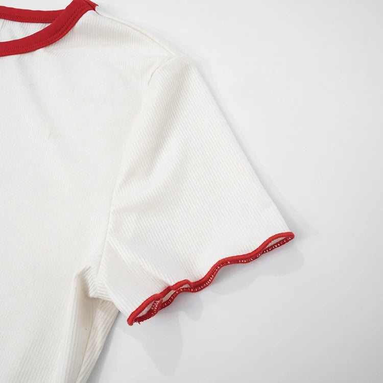 STYLISH LADY Cherry Printed Crop Tops 2025 Summer Women Short Sleeve O Neck Slim Ribbed Contrast Color Casual Street T Shirts