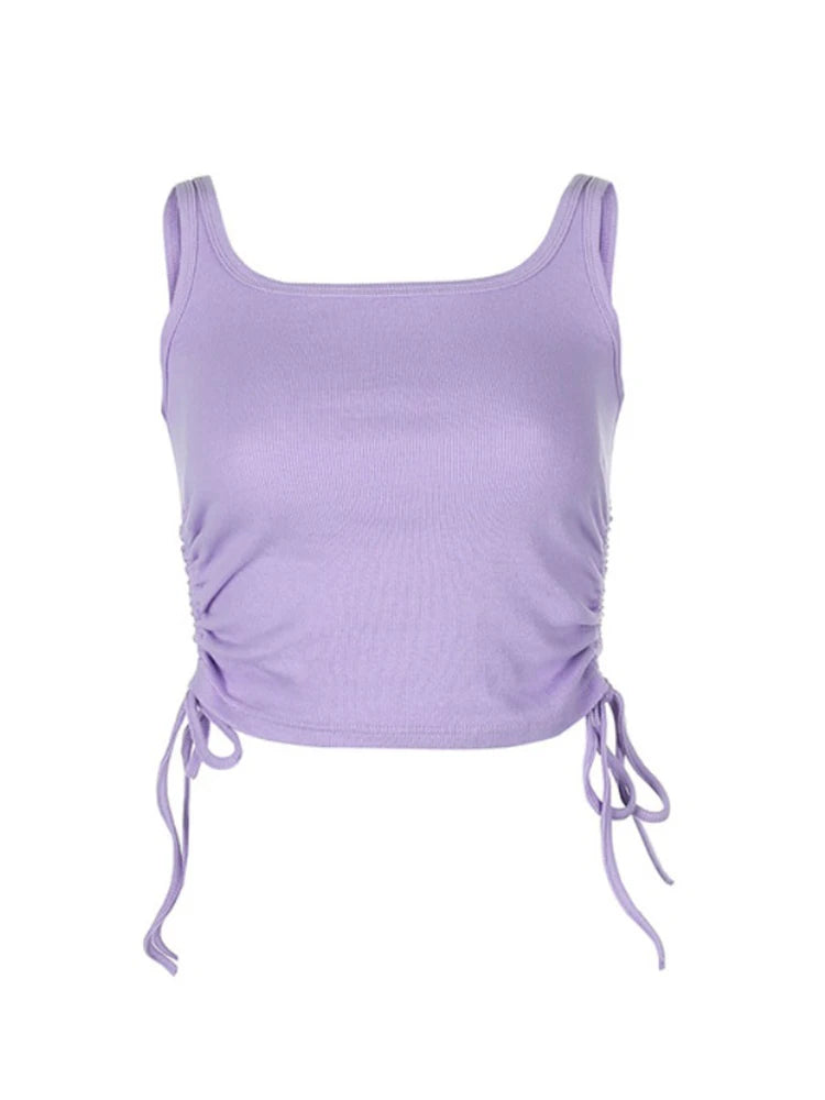 Ruched Sleeveless Tank Tops Tees Women Solid Casual Fashion Crop Top Ladies High Street Tie Up Croptop Summer Fitness