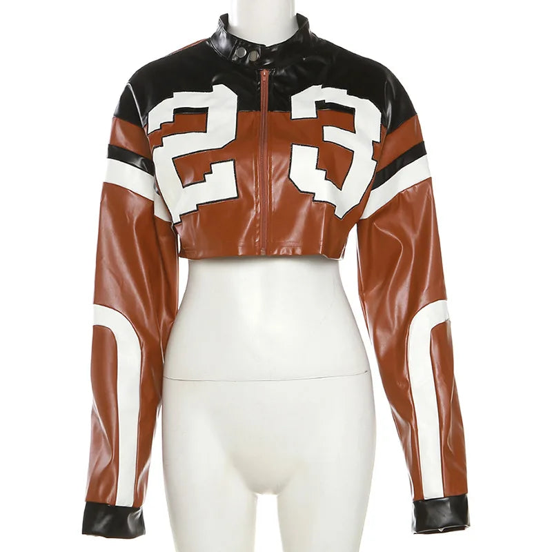 HLJ&GG Fashion Y2K Leather Jacket 3 Piece Sets Women Letter Print Zipper Long Sleeve Crop Top+Bodysuits+Shorts Outfit Streetwear