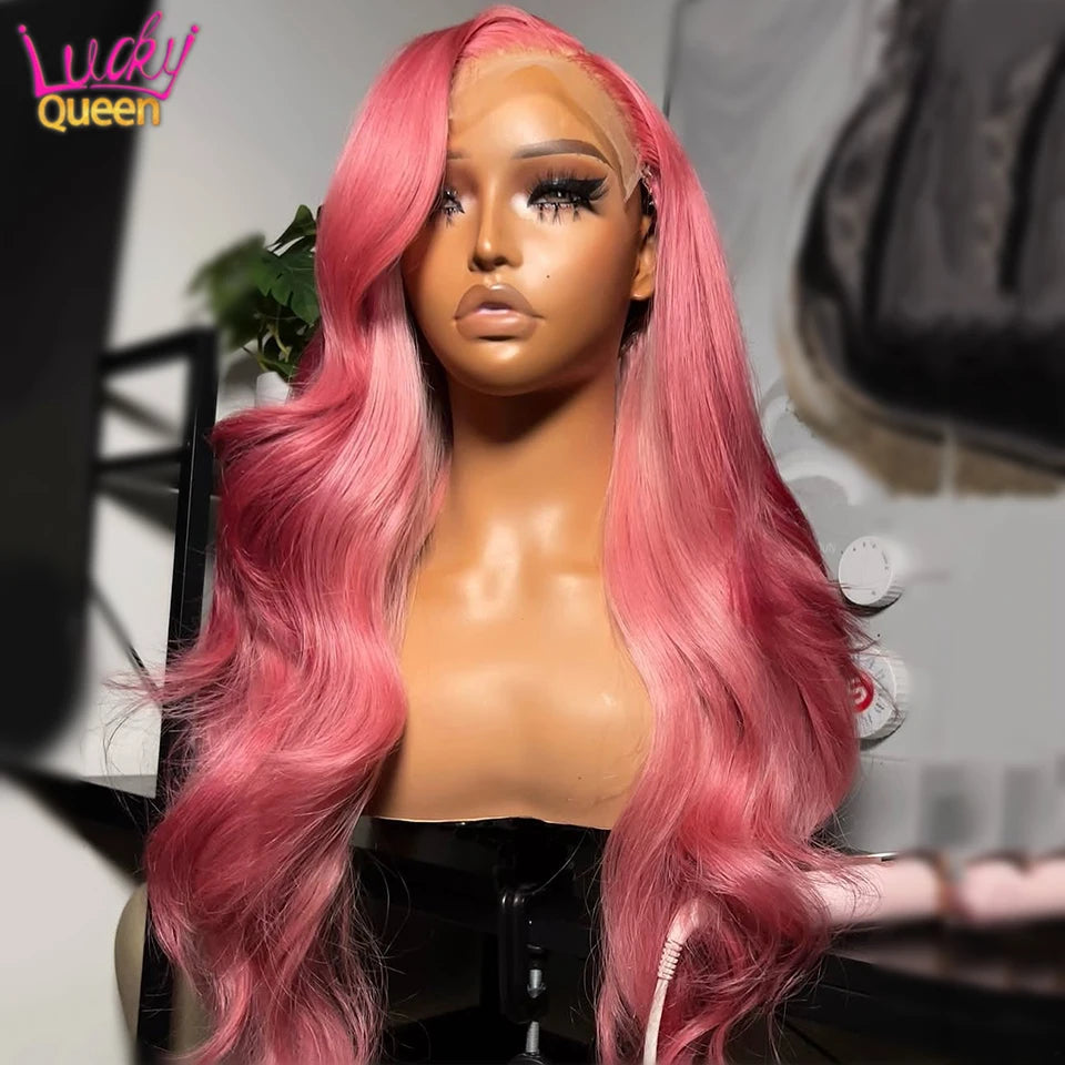 Rose Pink Highlight 613 Colorful Wig 13x6 Frontal Human Hair Body Wave Pre Plucked For Women Transparent Lace Wig 180 Density