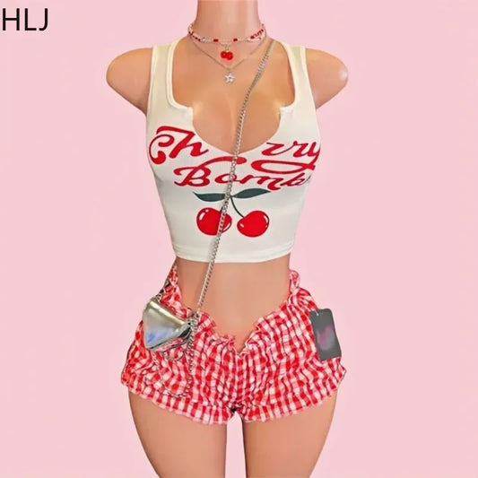 HLJ&GG Y2K Cherry Print Fashion Ruffle Shorts Two Piece Sets For Women V Neck Sleeveless Tank Top + Ruched Shorts Street Outfits