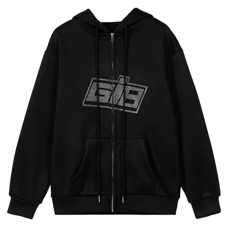 Y2K Zip Rhinestone Women Hoodie 2025 Oversized Hoodies E-girl Goth Punk Jacket Long Sleeve White Sweatshirts Trend Streetwear