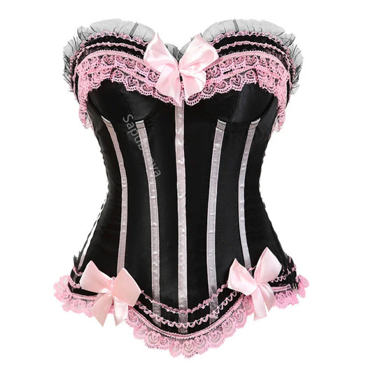Sapubonva Lace up corsets bustiers top sexy satin overbust corset striped ladies satin halloween big size red black pink korsett