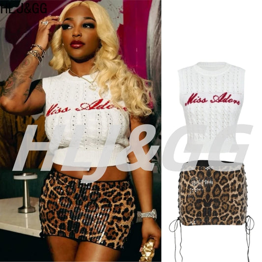 HLJ&GG Fashion Knitting Printing Tank Top Two Piece Set Women Sleeveless Slim Crop Vest+Leopard Side Bandage Mini Skirts Outfits