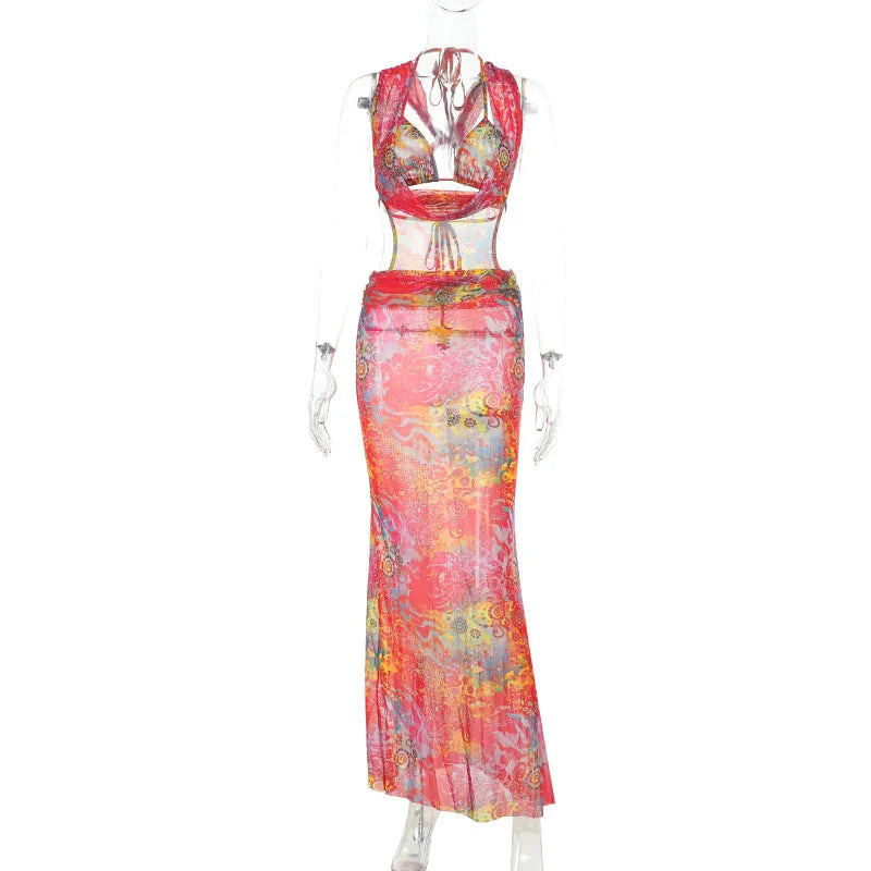 HLJ&GG Sexy Deep V Mesh See Though Bandage Long Dresses Women Tie Dye Print Sleeveless Backless Slim Vestidos Fashion Streetwear