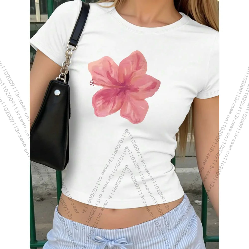 Short Crop Top Flower Print Summer Casual Street Cute Girl Hip Hop Hip Hop Street Baby Tee Y2K Harajuku Fashion Women Baby Tee