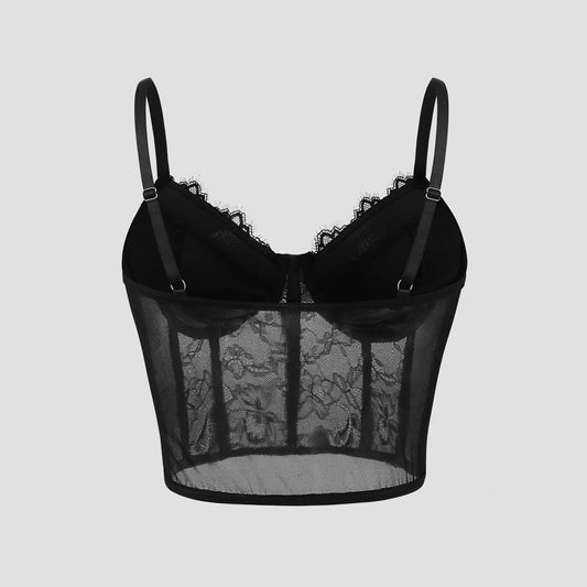 Sexy Black Semi Transparent Bra Mesh Push Up Bralet Women's Tube Top Corset Bustier Vest Club Party Crop Top Elegant Lingerie